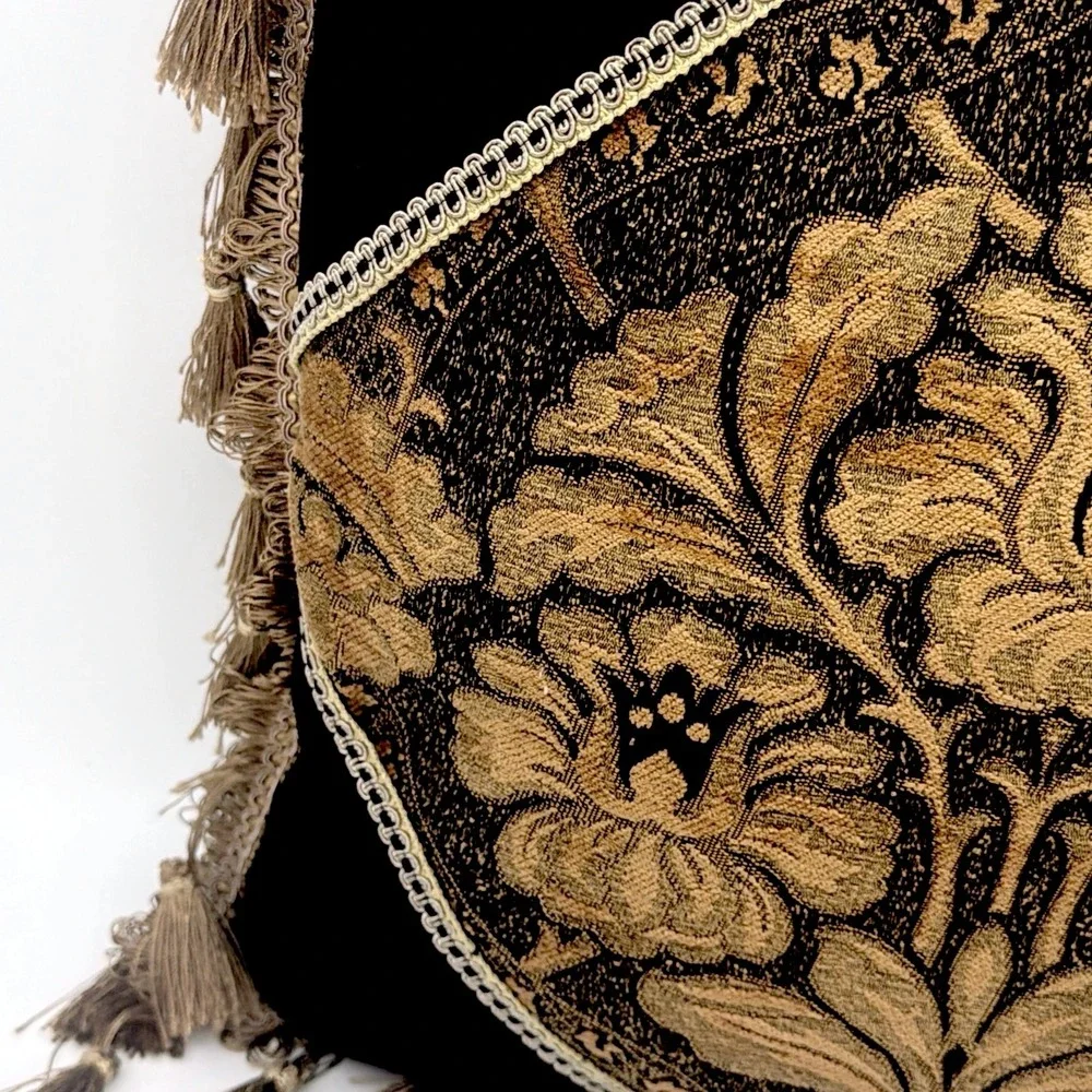 VTG Black Gold Tapestry Velvet Throw Pillow Damask Floral Tassel Trim